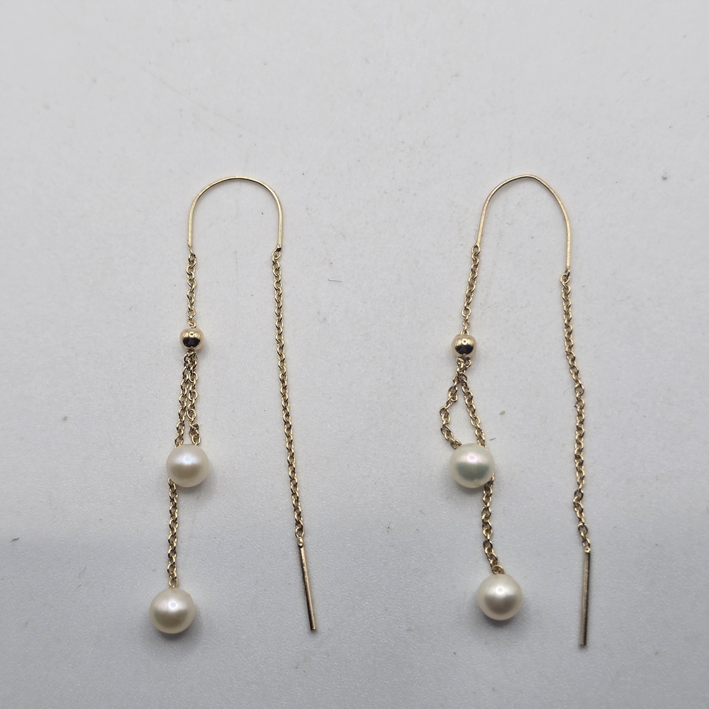 14k Gold and Pearl Drop Earrings - Picture 3 of 5